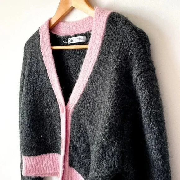 Zara Cropped Knit  Contrast Hem Cardigan Grey Pink Size Medium - Picture 5 of 8
